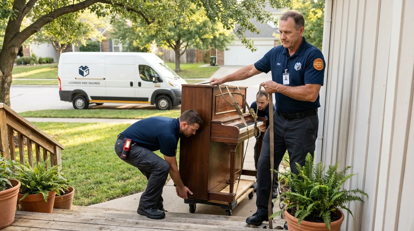 Licensed piano movers securing grand piano in Parsonsfield, ME