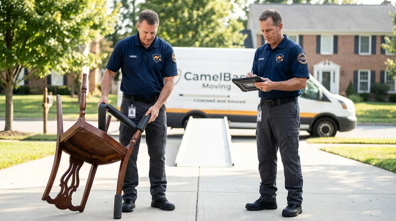Movers inspecting furniture for damage prevention before loading in Parsonsfield, ME