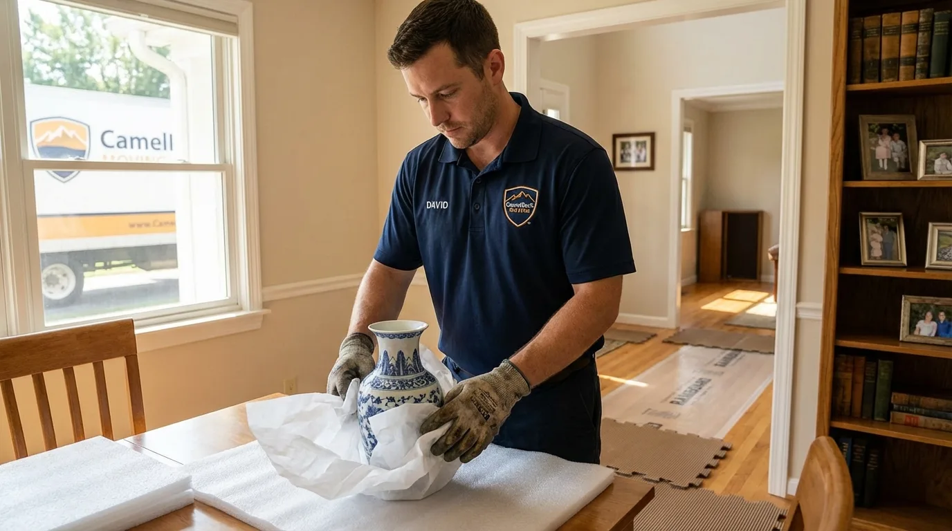 Professional crew carefully wrapping antique vase for senior downsizing move in Parsonsfield, ME