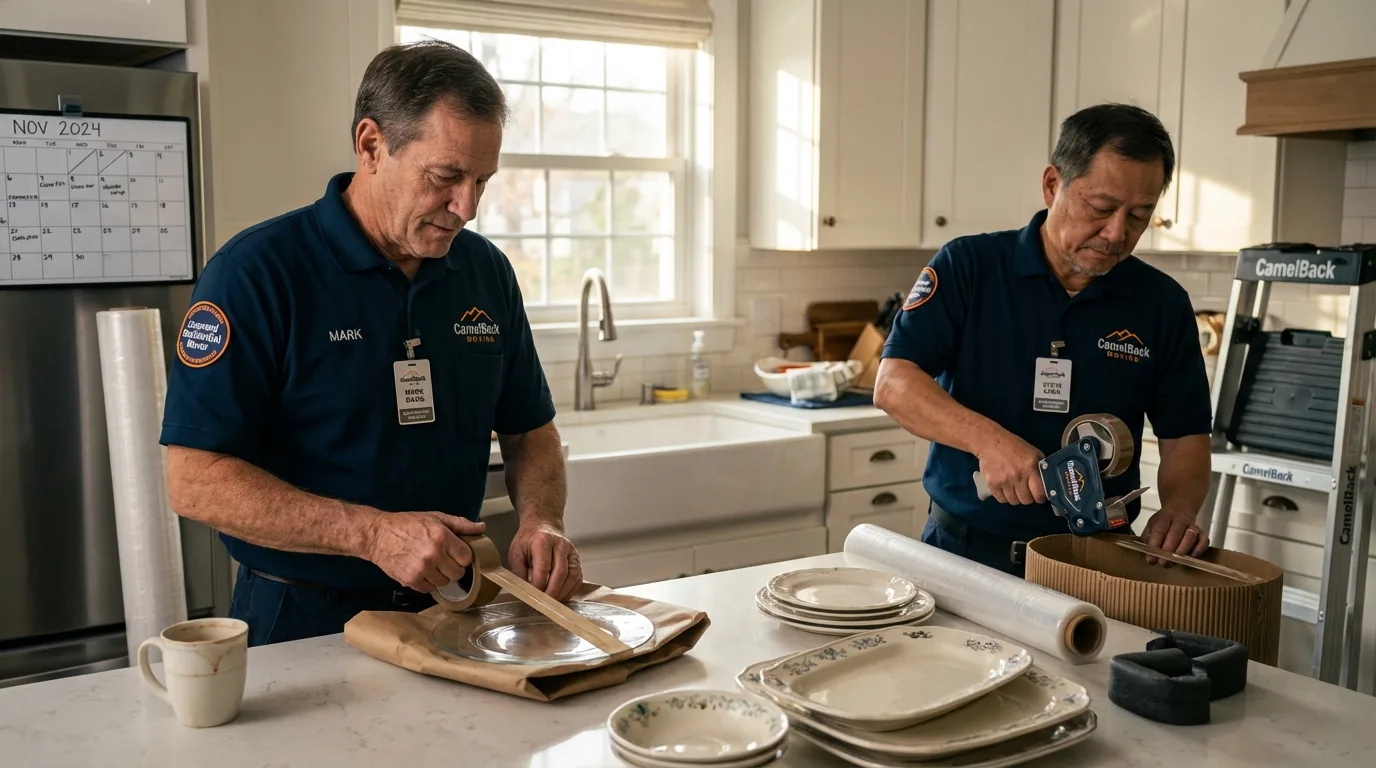 Professional crew packing kitchen dishware in Parsonsfield, ME